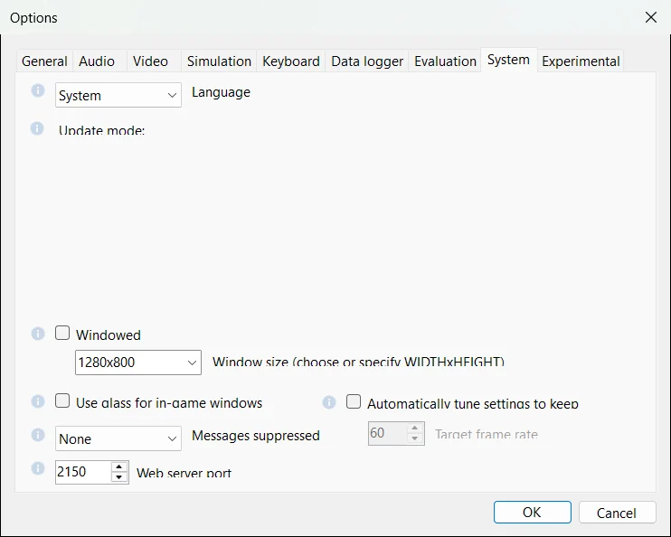 Open Rails Options, System tab, with Web server port set to 2150