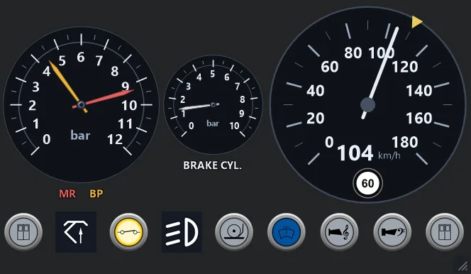 SelectOR cab panel: air gauge, brake cylinder and speedometer with the round sign of the next speed limit