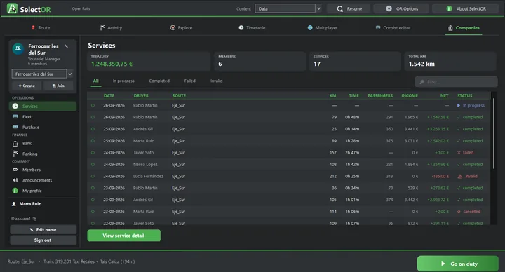 Services section of a company in SelectOR with the list of trips, distance, passengers and income
