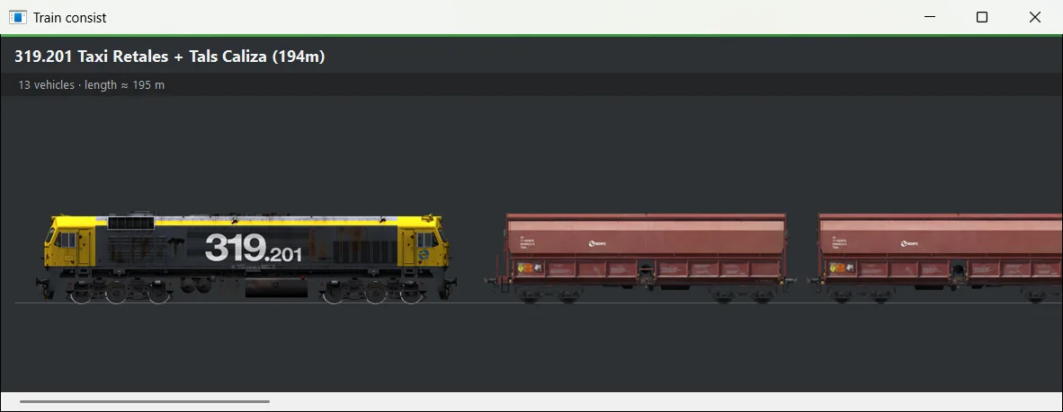«View 2D consist»: the whole train, car by car.