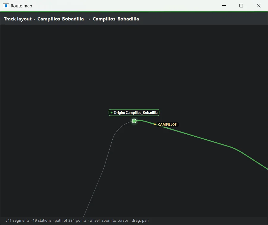 «View path map»: track diagram with the start, the destination and the path in green. The mouse wheel zooms and dragging moves the map.