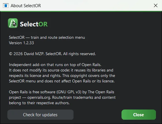 About SelectOR: version and «Check for updates».