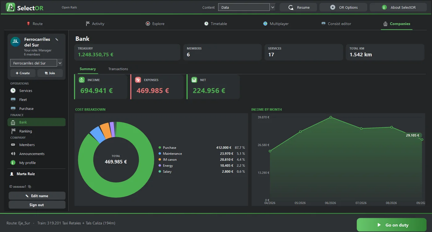 Bank → Summary: income, expenses, net, cost breakdown and monthly income.