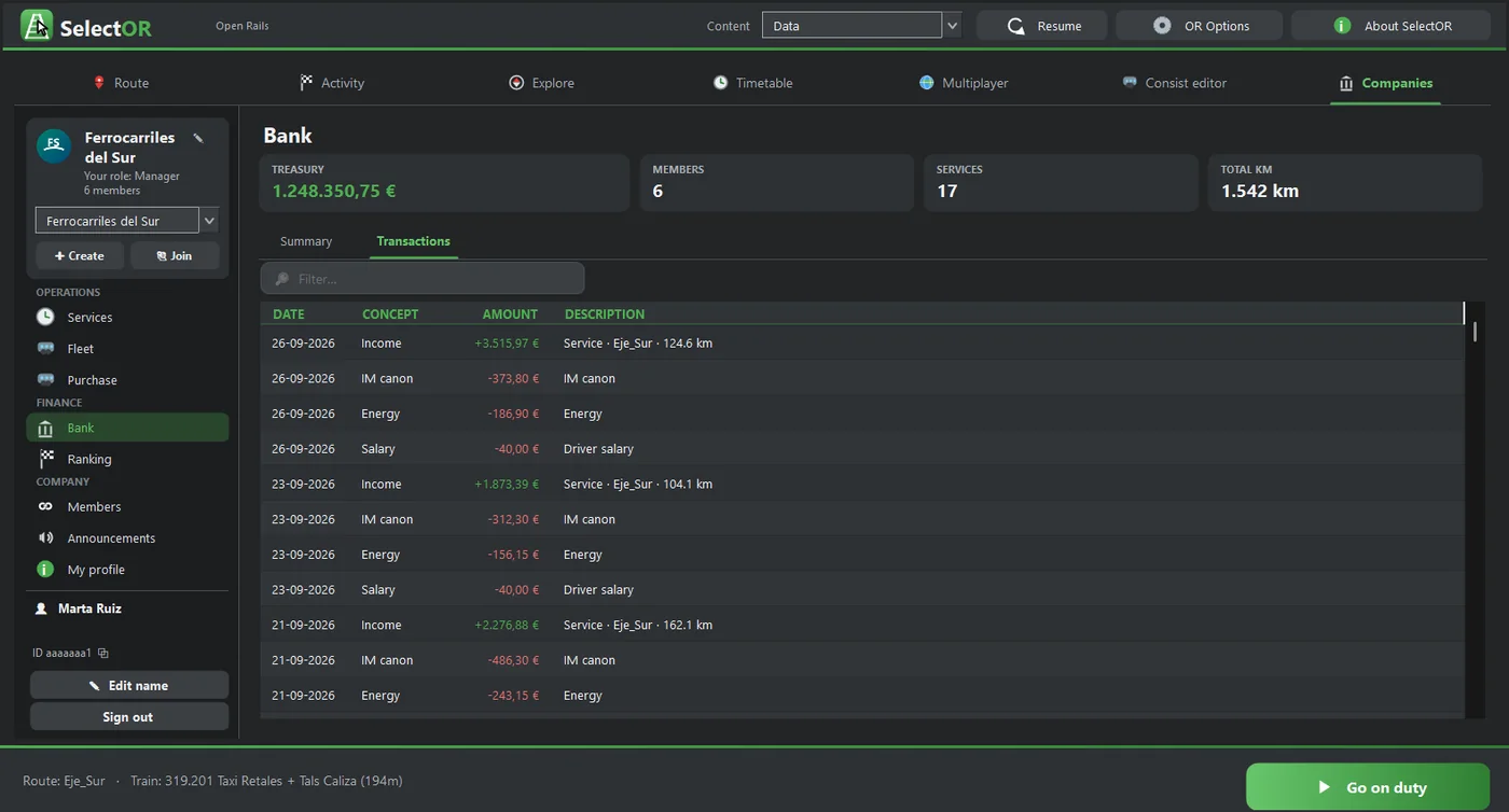 Bank → Transactions: every entry with its date, concept, amount and description.