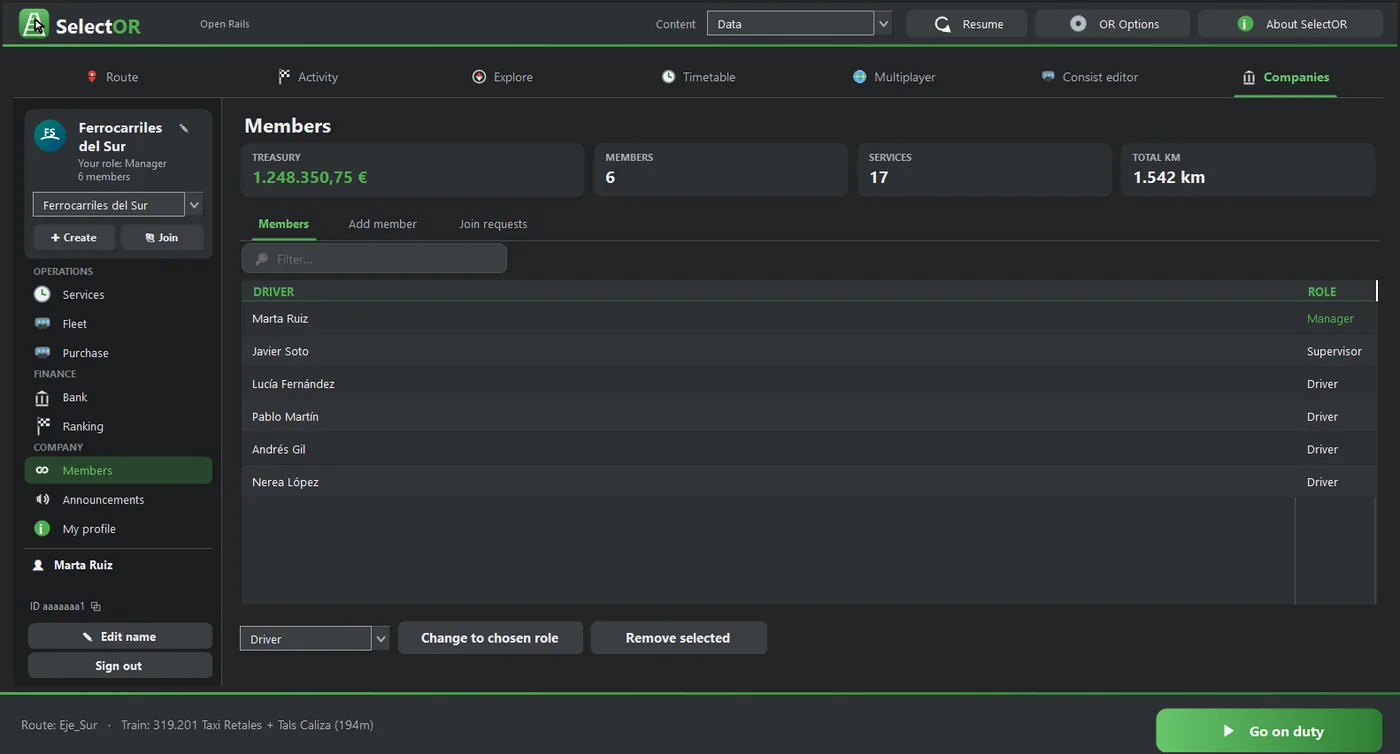 Members: list of drivers and roles, with the role-change controls and «Remove selected».