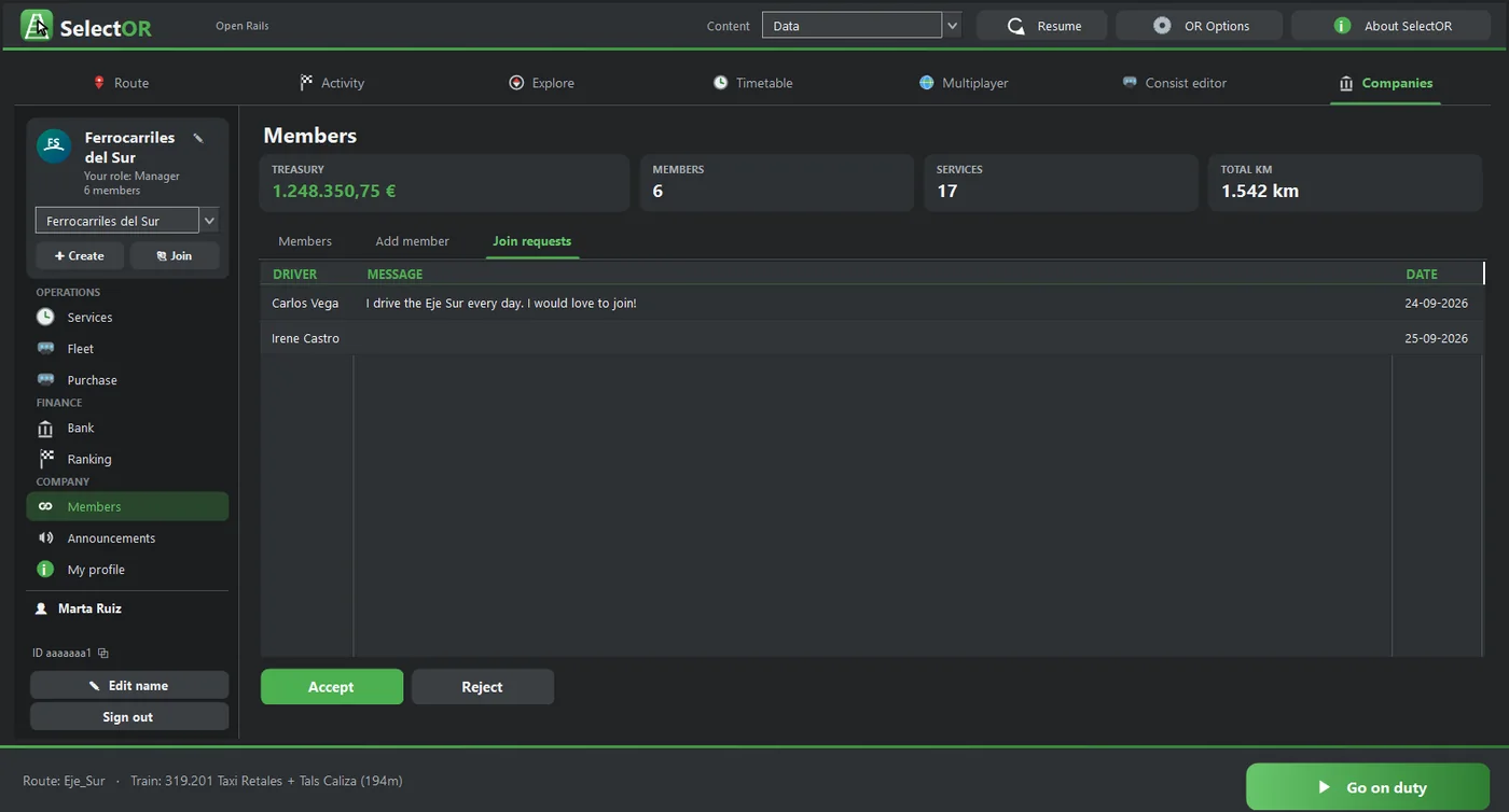 Members → Join requests, with their message and date.