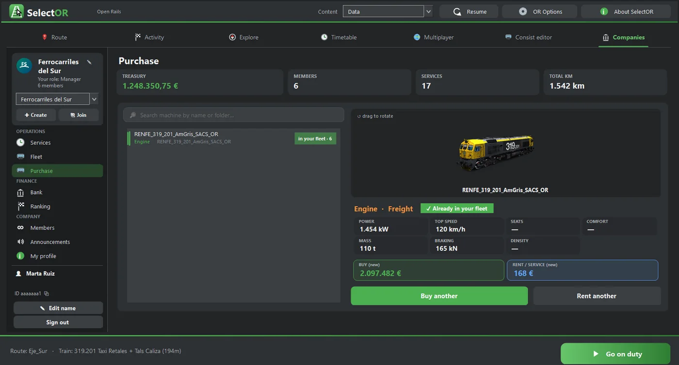 Purchase: a selected locomotive that is already in the fleet («✓ Already in your fleet»).