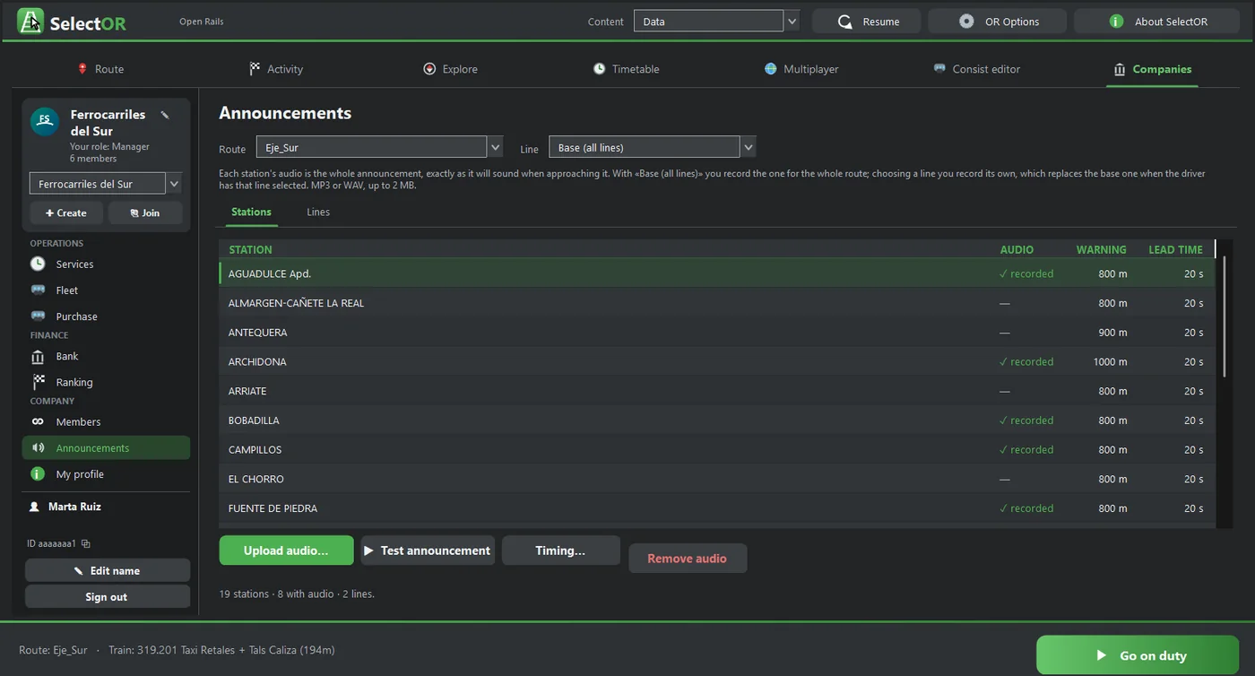 Station announcements → Stations: recorded audio, warning distance and lead time for each station.