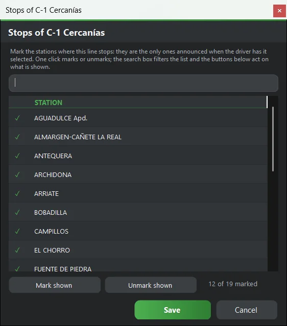 «Stops…» of a line: mark the stations where it stops. The search box filters the list.