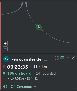 HUD on duty with mini-map, timer, passengers and station announcements.
