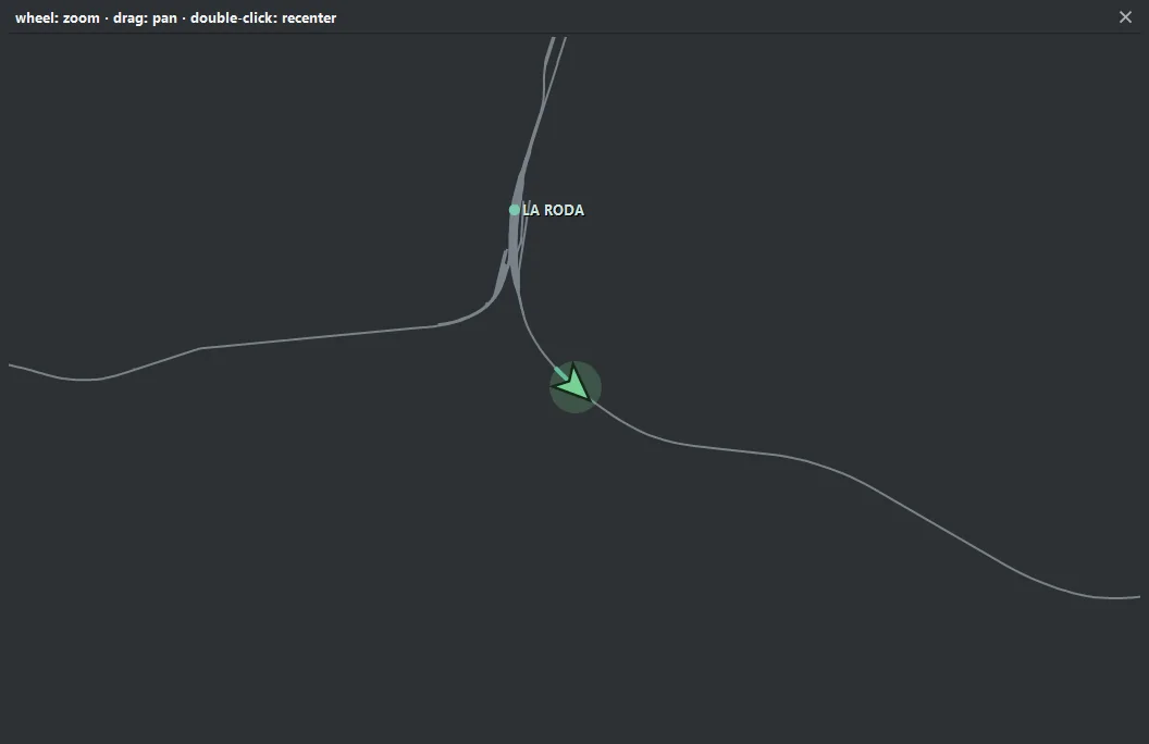Large map: wheel = zoom, drag = move, double-click = centre on the train again.