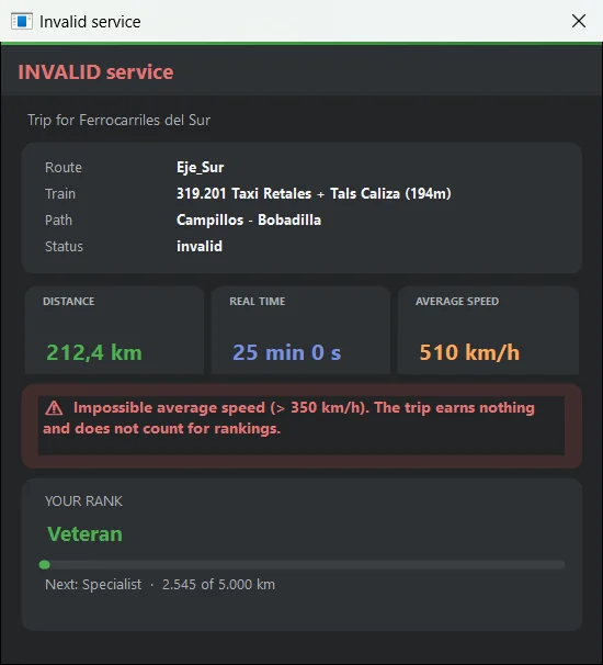 INVALID service due to an impossible average speed.