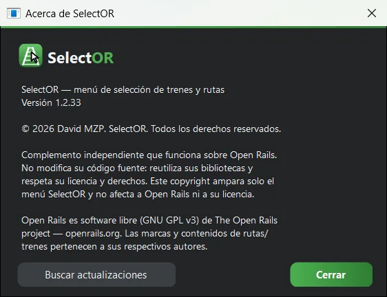 Acerca de SelectOR: versión y «Buscar actualizaciones».