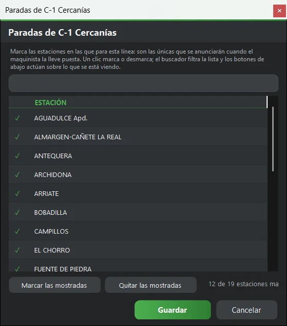 «Paradas…» de una línea: marca las estaciones en las que para. El buscador filtra la lista.
