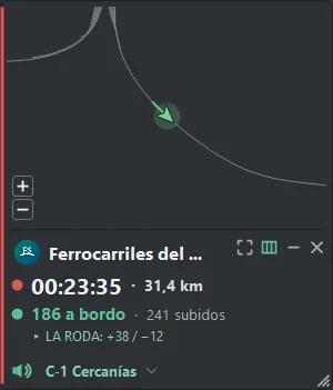 HUD en servicio con mini-mapa, cronómetro, viajeros y megafonía.