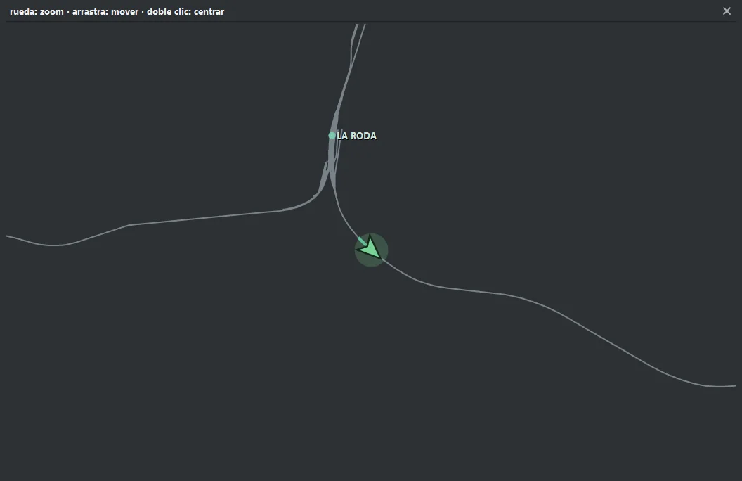 Mapa grande: rueda = zoom, arrastrar = mover, doble clic = volver a centrar en el tren.