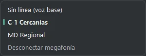 Lista de líneas de megafonía (clic sobre la línea).