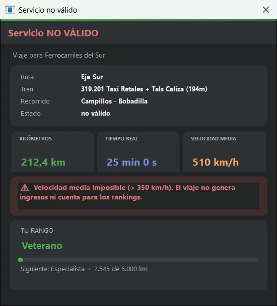 Servicio NO VÁLIDO por velocidad media imposible.
