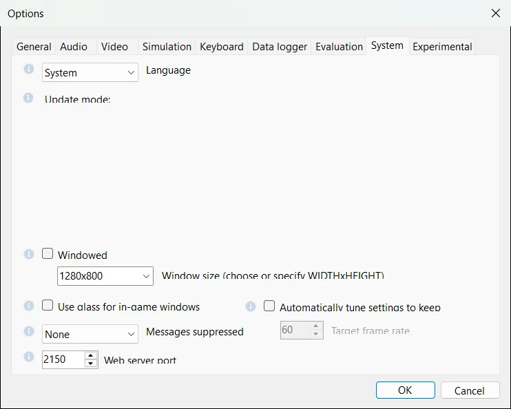 Opciones de Open Rails, pestaña System: «Web server port» debe valer 2150.